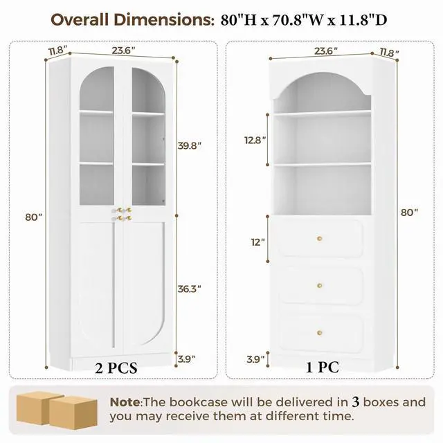 Alt view image 2 of 7 - 80" Tall Bookcase System with 3 Drawers, Arched Bookshelf with 4 Glass Doors, Wooden Pantry Storage Organizer Cabinets with 3-Tier Open Shelves for Living Room, Kitchen, Bathroom