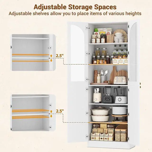 Alt view image 7 of 7 - 80" Kitchen Pantry, Tall Arch Storage Cabinet with Tempered Glass & Soft Close Doors, Freestanding Wood Floor Cupboard Bookcase with Seamless Fit Wall for Dining Living Room, Bathroom (White)