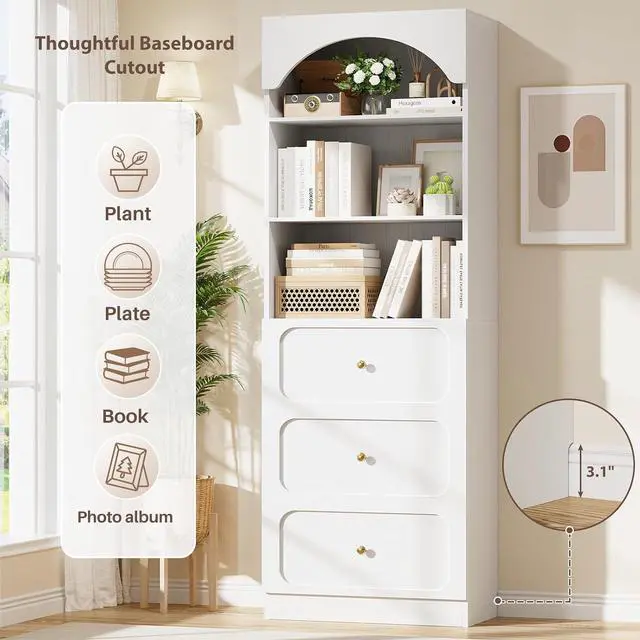 Alt view image 7 of 7 - 80" Tall Bookcase System with 3 Drawers, Arched Bookshelf with 4 Glass Doors, Wooden Pantry Storage Organizer Cabinets with 3-Tier Open Shelves for Living Room, Kitchen, Bathroom