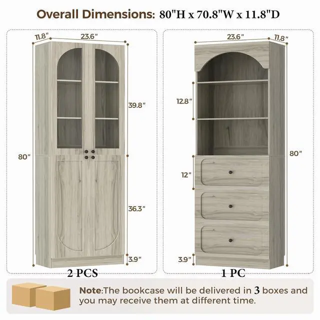 Alt view image 2 of 7 - 80" Tall Bookcase System with 3 Drawers, Arched Bookshelf with 4 Glass Doors, Wooden Pantry Storage Organizer Cabinets with 3-Tier Open Shelves for Living Room, Kitchen, Bathroom