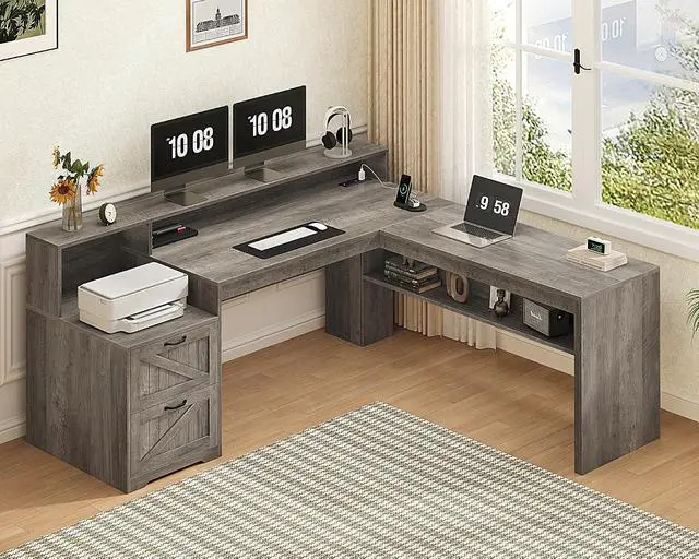 Alt view image 3 of 7 - Farmhouse 63" L Shaped Desk with Drawers, Home Office Desks with Storage Shelves and Printer Stand, Corner Computer Desk with Power Outlets and Monitor Stand,Grey