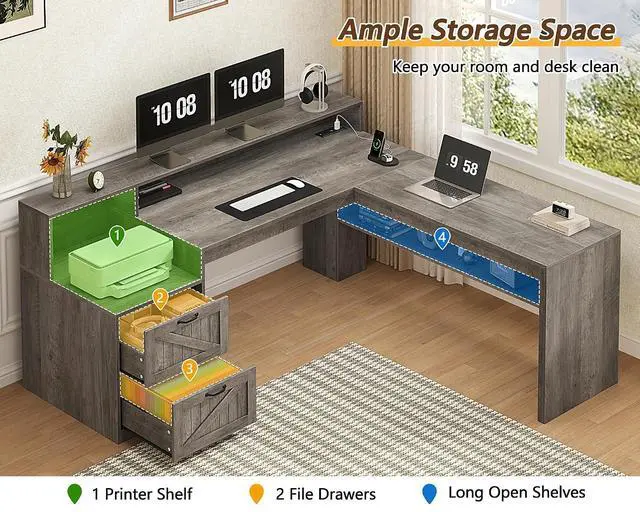 Alt view image 6 of 7 - Farmhouse 63" L Shaped Desk with Drawers, Home Office Desks with Storage Shelves and Printer Stand, Corner Computer Desk with Power Outlets and Monitor Stand,Grey