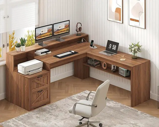 Main image of Farmhouse 63" L Shaped Desk with Drawers, Home Office Desks with Storage Shelves and Printer Stand, Corner Computer Desk with Power Outlets and Monitor Stand, Brown