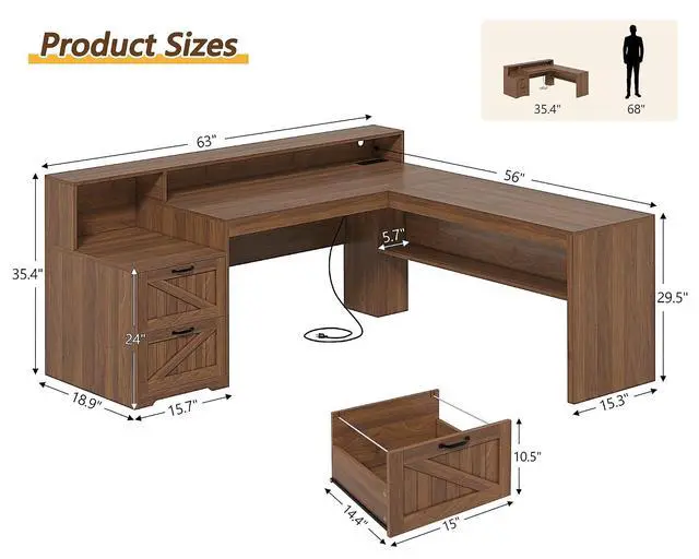 Alt view image 2 of 7 - Farmhouse 63" L Shaped Desk with Drawers, Home Office Desks with Storage Shelves and Printer Stand, Corner Computer Desk with Power Outlets and Monitor Stand, Brown