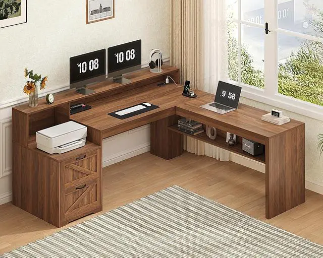 Alt view image 3 of 7 - Farmhouse 63" L Shaped Desk with Drawers, Home Office Desks with Storage Shelves and Printer Stand, Corner Computer Desk with Power Outlets and Monitor Stand, Brown
