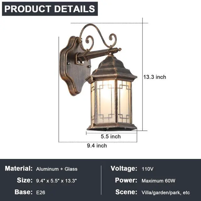 Alt view image 2 of 7 - 13 inch Vintage Outdoor Wall Lights Aluminum Exterior Porch Wall Sconce with Soft Light Glass lampshade E26 Waterproof Outdoor Lantern for Garage Front Porch Entryway Patio