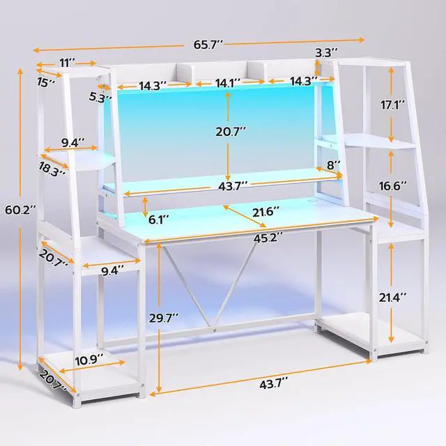 Alt view image 2 of 7 - White Gaming Desk 65.7'' with LED Lights, Hutch and Storage Shelves, Computer Desk with Monitor Stand, Large PC Gamer Desk Workstation, Ergonomic Gaming Table for Bedroom, Living Room