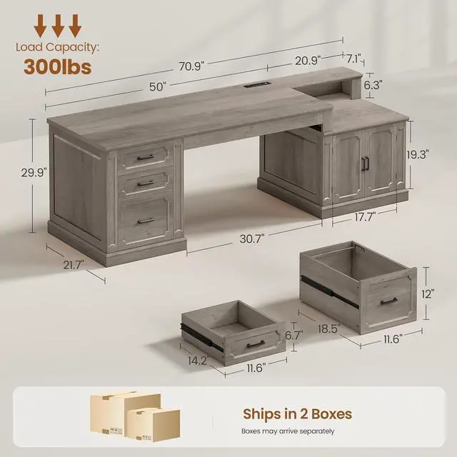 Alt view image 2 of 7 - Farmhouse 70.9" Executive Desk, Home Office Desk with File Drawers and Storage Cabinet, Computer Desk with Power Outlet for Home Office, Work Study Writing, Gray