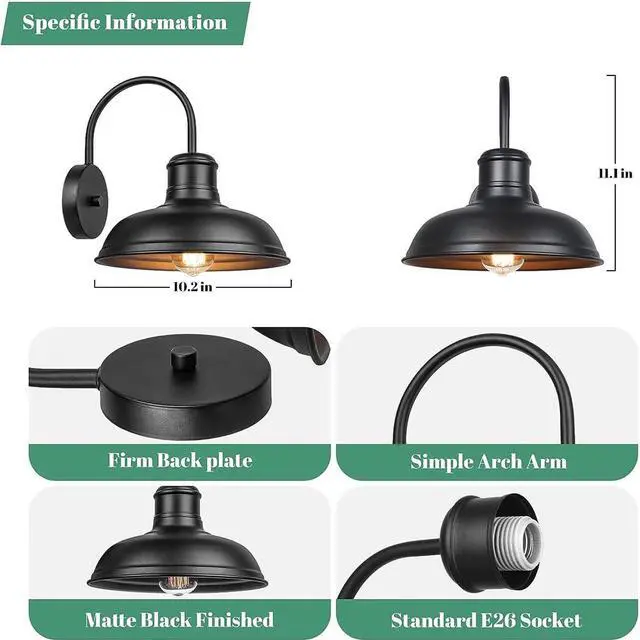 Alt view image 7 of 7 - IP54 Waterproof Outdoor Wall Lights Gooseneck Wall Mount Porch Lights Outdoor 10.2 Inch Black Farmhouse Exterior Wall Sconce E26/E27 Base Lighting Fixture for Garage Patio Doorway