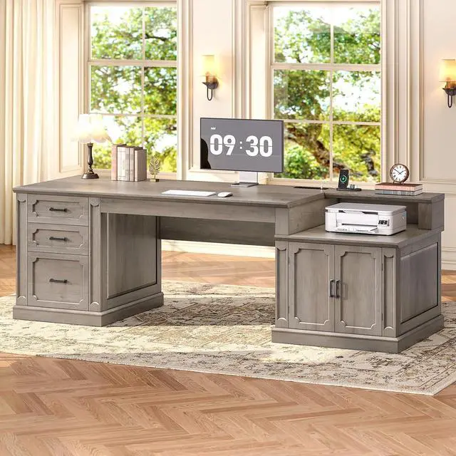 Main image of Farmhouse 70.9" Executive Desk, Home Office Desk with File Drawers and Storage Cabinet, Computer Desk with Power Outlet for Home Office, Work Study Writing, Gray