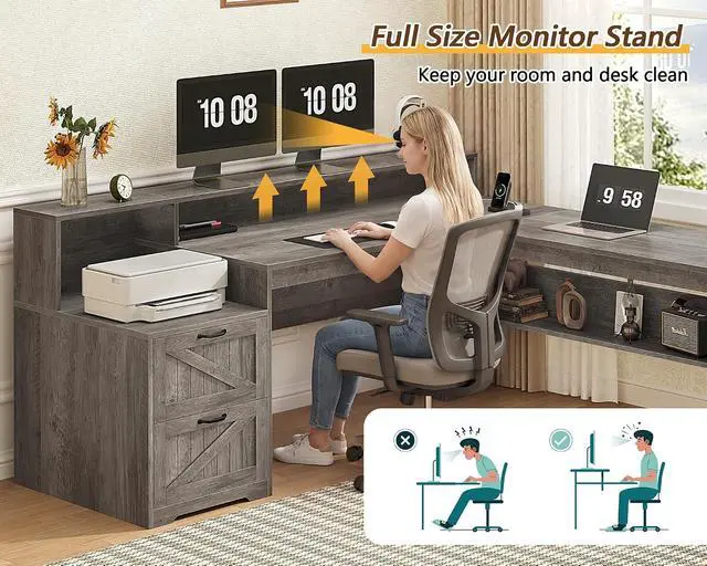 Alt view image 7 of 7 - Farmhouse 63" L Shaped Desk with Drawers, Home Office Desks with Storage Shelves and Printer Stand, Corner Computer Desk with Power Outlets and Monitor Stand,Grey