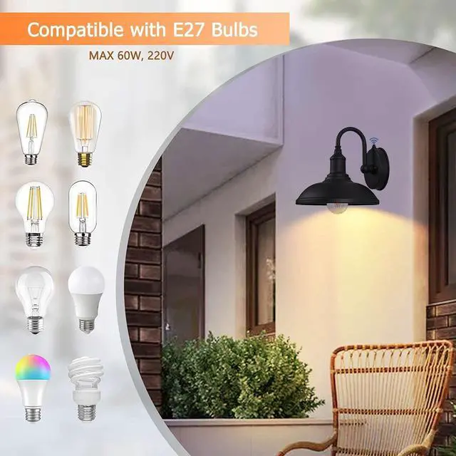 Alt view image 4 of 7 - with Sensor Outdoor Wall Lights, Gooseneck Vintage Industrial Outdoor Wall Lights Black Anti-Rust Outside Wall Sconce for Farmhouse, Barn, Warehouse, Loft (excl.E27 Bulb)