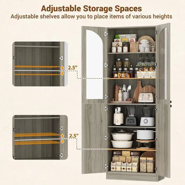 Alt view image 7 of 7 - 80" Kitchen Pantry, Tall Arch Storage Cabinet with Tempered Glass & Soft Close Doors, Freestanding Wood Floor Cupboard Bookcase with Seamless Fit Wall for Dining Room, Living Room, Bathroom