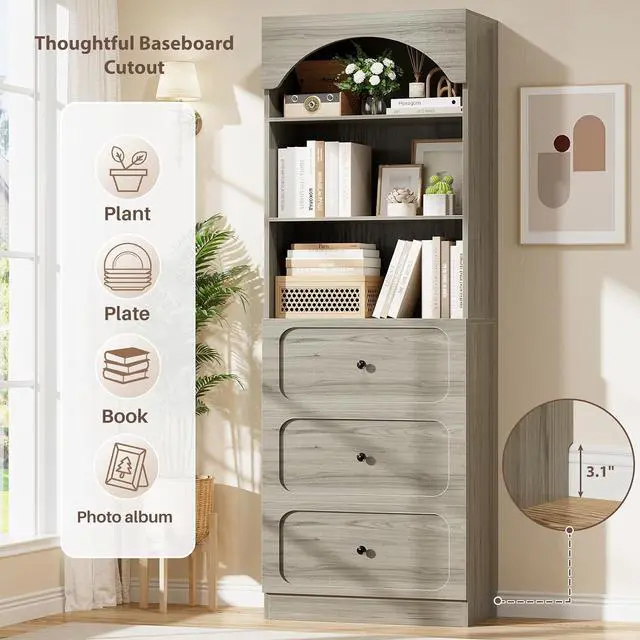 Alt view image 6 of 7 - 80" Tall Bookcase System with 3 Drawers, Arched Bookshelf with 4 Glass Doors, Wooden Pantry Storage Organizer Cabinets with 3-Tier Open Shelves for Living Room, Kitchen, Bathroom