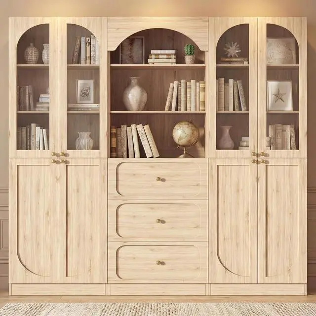 Main image of 80" Tall Bookcase System with 3 Drawers, Arched Bookshelf with 4 Glass Doors, Wooden Pantry Storage Organizer Cabinets with 3-Tier Open Shelves for Living Room, Kitchen, Bathroom