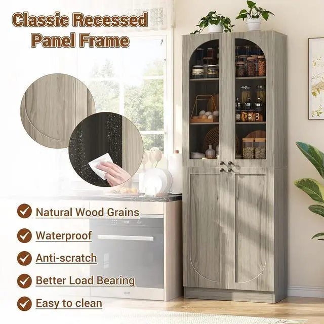 Alt view image 7 of 7 - 80" Tall Bookcase System with 3 Drawers, Arched Bookshelf with 4 Glass Doors, Wooden Pantry Storage Organizer Cabinets with 3-Tier Open Shelves for Living Room, Kitchen, Bathroom