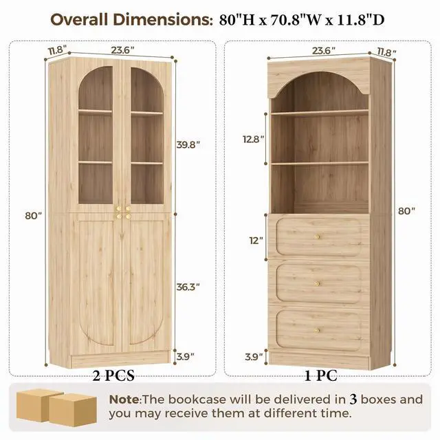 Alt view image 2 of 7 - 80" Tall Bookcase System with 3 Drawers, Arched Bookshelf with 4 Glass Doors, Wooden Pantry Storage Organizer Cabinets with 3-Tier Open Shelves for Living Room, Kitchen, Bathroom