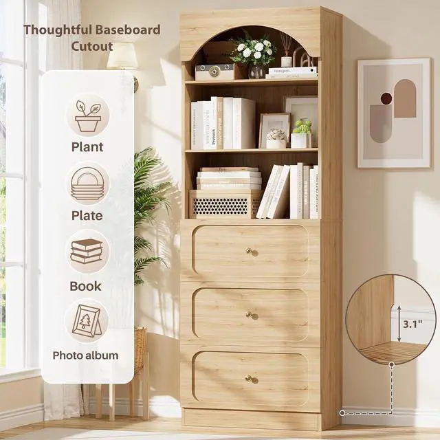 Alt view image 5 of 7 - 80" Tall Bookcase System with 3 Drawers, Arched Bookshelf with 4 Glass Doors, Wooden Pantry Storage Organizer Cabinets with 3-Tier Open Shelves for Living Room, Kitchen, Bathroom