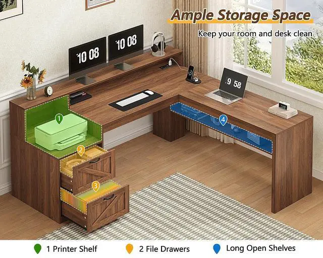 Alt view image 6 of 7 - Farmhouse 63" L Shaped Desk with Drawers, Home Office Desks with Storage Shelves and Printer Stand, Corner Computer Desk with Power Outlets and Monitor Stand, Brown
