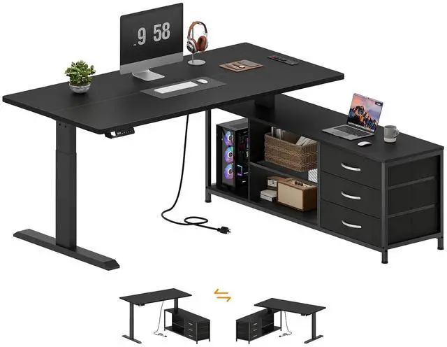Main image of L Shaped Electric Standing Desk with Drawers & Shelves, Height Adjustable Corner Computer Desk with Power Outlets, 55 Inch Sit Stand Executive Desk with 3 Fabric Drawer for Home Office, Black