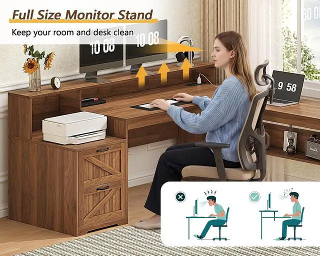 Alt view image 7 of 7 - Farmhouse 63" L Shaped Desk with Drawers, Home Office Desks with Storage Shelves and Printer Stand, Corner Computer Desk with Power Outlets and Monitor Stand, Brown