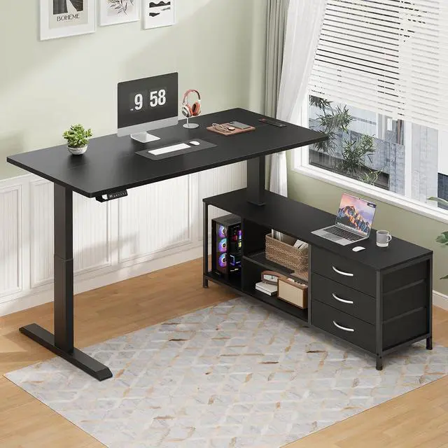 Alt view image 2 of 7 - L Shaped Electric Standing Desk with Drawers & Shelves, Height Adjustable Corner Computer Desk with Power Outlets, 55 Inch Sit Stand Executive Desk with 3 Fabric Drawer for Home Office, Black