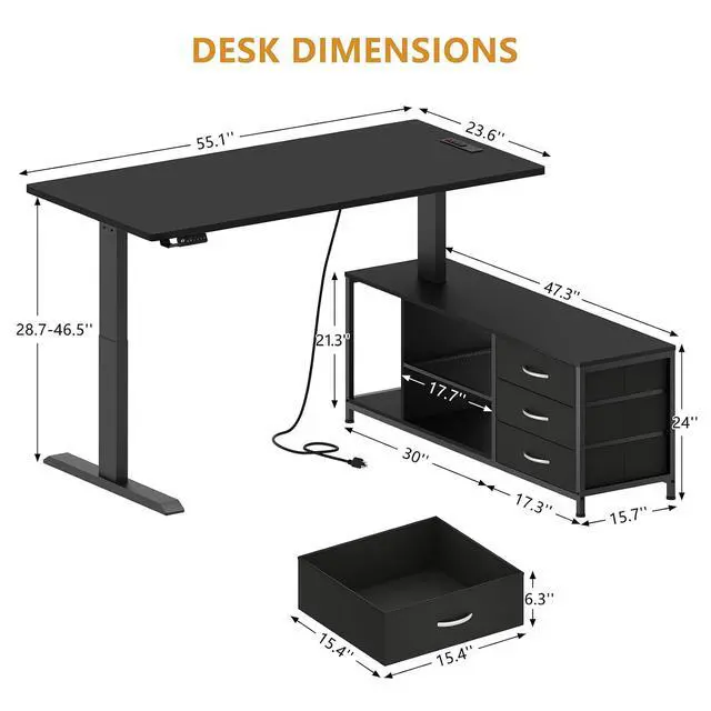 Alt view image 3 of 7 - L Shaped Electric Standing Desk with Drawers & Shelves, Height Adjustable Corner Computer Desk with Power Outlets, 55 Inch Sit Stand Executive Desk with 3 Fabric Drawer for Home Office, Black