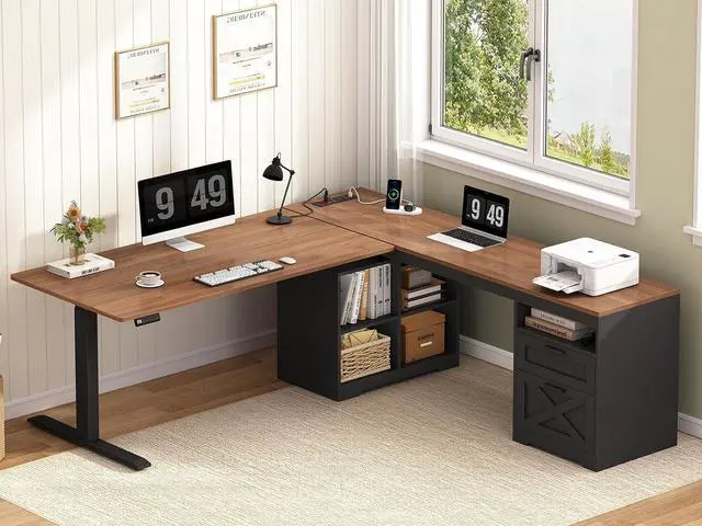 Main image of Farmhouse L Shaped Standing Desk, 66 inch Corner Electric Standing Desk with Drawers Storage Shelves, Height Adjustable Computer Desk with Power Outlets for Home Office (Black and Brown)
