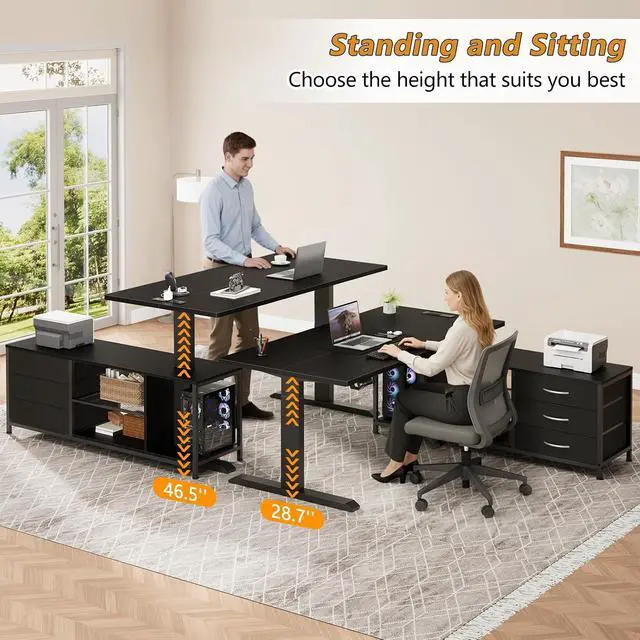 Alt view image 4 of 7 - L Shaped Electric Standing Desk with Drawers & Shelves, Height Adjustable Corner Computer Desk with Power Outlets, 55 Inch Sit Stand Executive Desk with 3 Fabric Drawer for Home Office, Black
