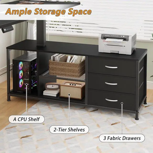 Alt view image 6 of 7 - L Shaped Electric Standing Desk with Drawers & Shelves, Height Adjustable Corner Computer Desk with Power Outlets, 55 Inch Sit Stand Executive Desk with 3 Fabric Drawer for Home Office, Black