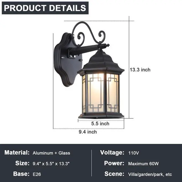 Alt view image 2 of 7 - 13 inch Vintage Outdoor Wall Lights Aluminum Exterior Porch Wall Sconce with Soft Light Glass lampshade E26 Waterproof Outdoor Lantern for Garage Front Porch Entryway Patio