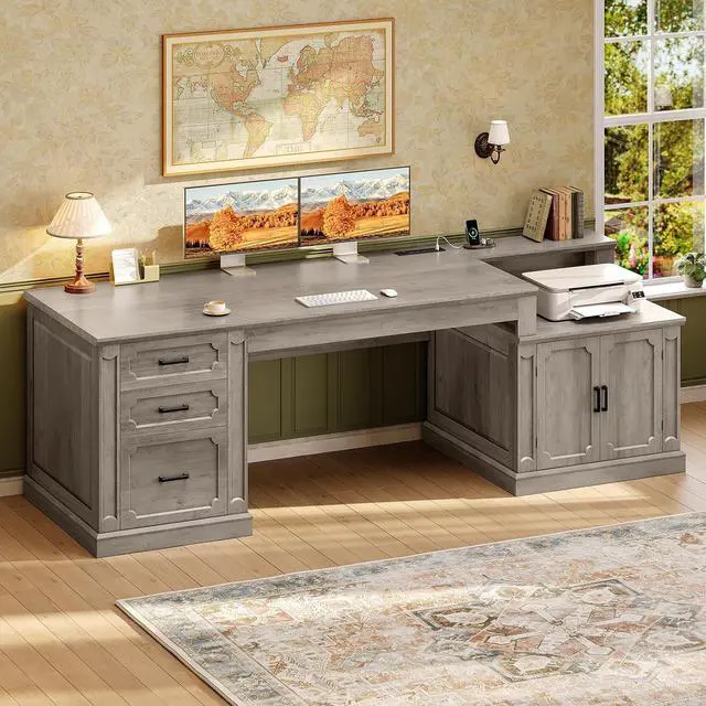 Alt view image 3 of 7 - Farmhouse 70.9" Executive Desk, Home Office Desk with File Drawers and Storage Cabinet, Computer Desk with Power Outlet for Home Office, Work Study Writing, Gray