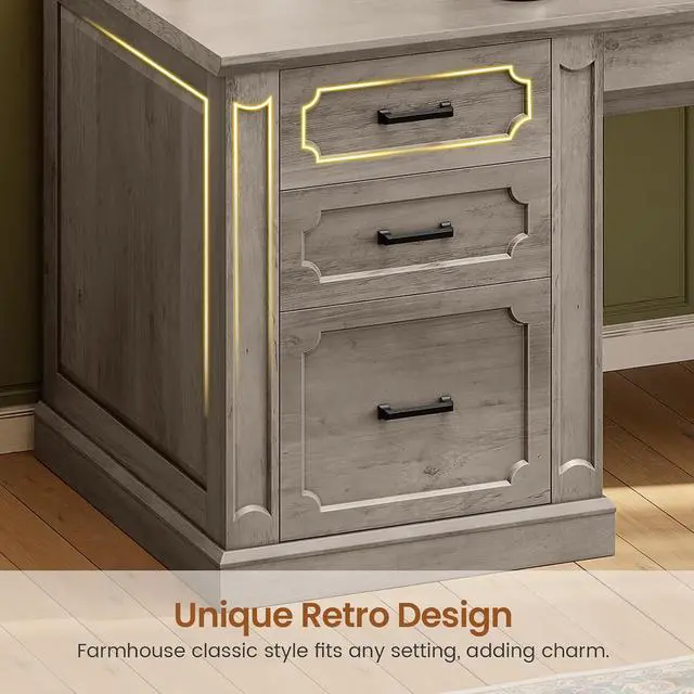 Alt view image 7 of 7 - Farmhouse 70.9" Executive Desk, Home Office Desk with File Drawers and Storage Cabinet, Computer Desk with Power Outlet for Home Office, Work Study Writing, Gray