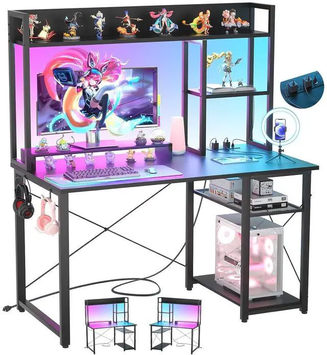 Main image of Gaming Desk with Hutch, 39'' Computer Desk with LED Lights & Power Outlets, Home Office Desk with Reversible 5 Tiers Storage Shelves & Monitor Stand, Small Gaming Table for Small Space, Black