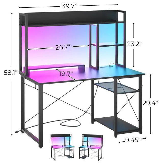 Alt view image 2 of 7 - Gaming Desk with Hutch, 39'' Computer Desk with LED Lights & Power Outlets, Home Office Desk with Reversible 5 Tiers Storage Shelves & Monitor Stand, Small Gaming Table for Small Space, Black