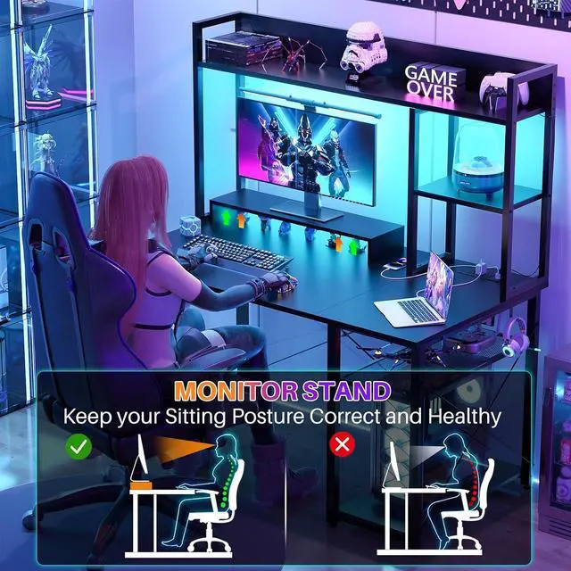 Alt view image 5 of 7 - Gaming Desk with Hutch, 39'' Computer Desk with LED Lights & Power Outlets, Home Office Desk with Reversible 5 Tiers Storage Shelves & Monitor Stand, Small Gaming Table for Small Space, Black