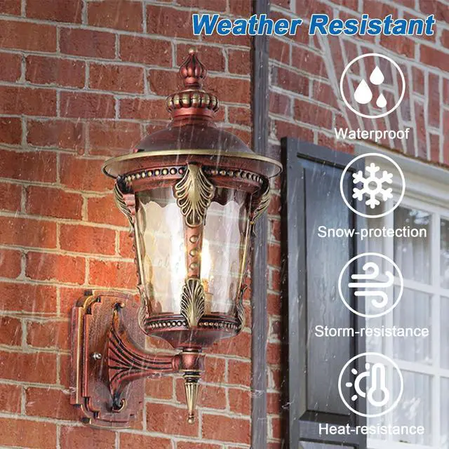 Alt view image 2 of 7 - Exterior Wall Lanterns IP55 Waterproof Outdoor Wall Light Fixtures Aluminum 15 inch Porch Lights with Hammered Glass Shade for Patio Hallway Doorway Garden