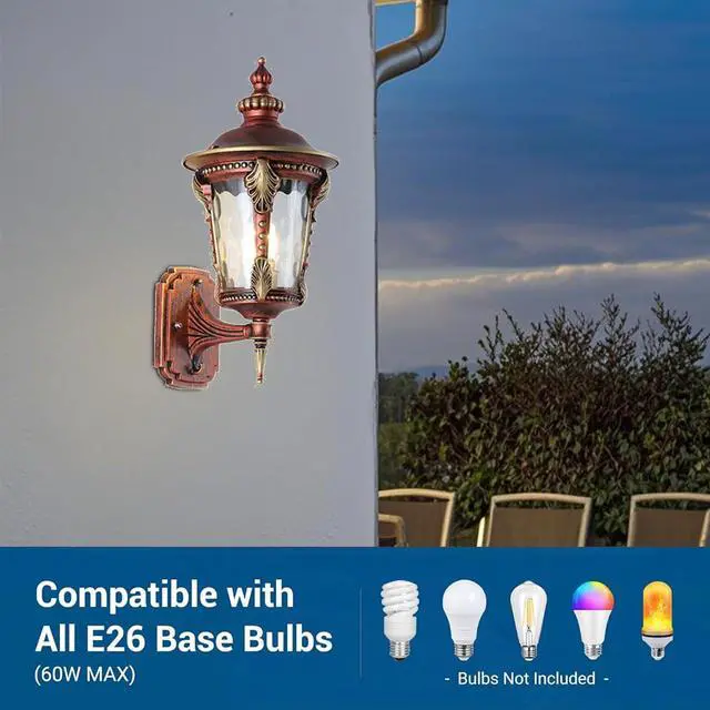 Alt view image 4 of 7 - Exterior Wall Lanterns IP55 Waterproof Outdoor Wall Light Fixtures Aluminum 15 inch Porch Lights with Hammered Glass Shade for Patio Hallway Doorway Garden