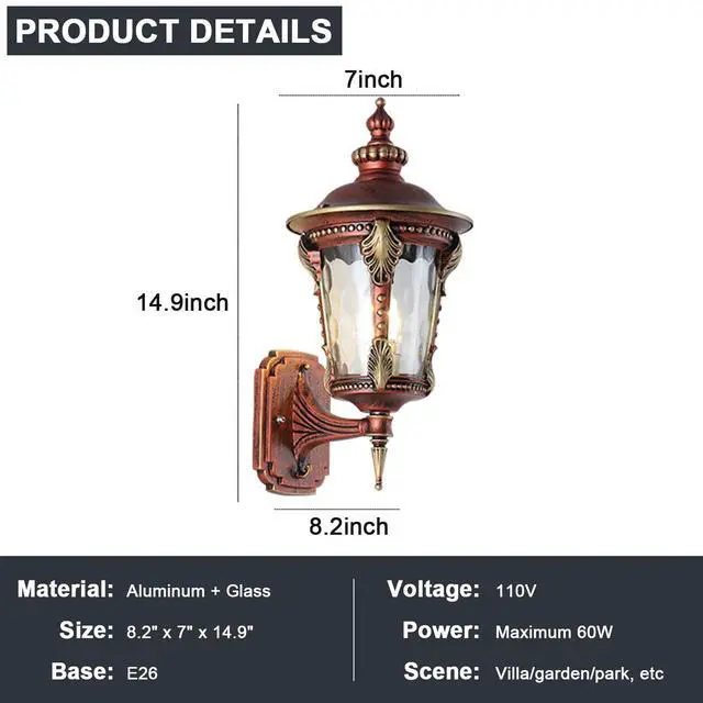 Alt view image 7 of 7 - Exterior Wall Lanterns IP55 Waterproof Outdoor Wall Light Fixtures Aluminum 15 inch Porch Lights with Hammered Glass Shade for Patio Hallway Doorway Garden