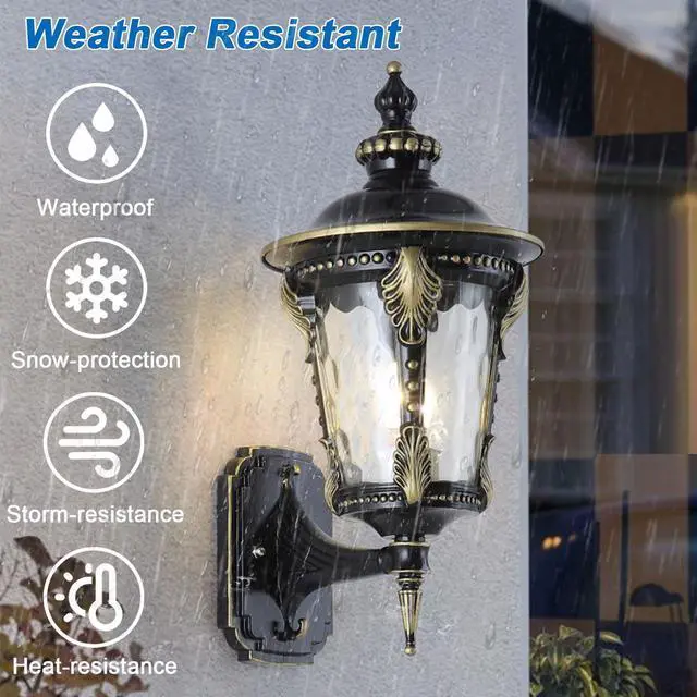 Alt view image 2 of 7 - Exterior Wall Lanterns IP55 Waterproof Outdoor Wall Light Fixtures Aluminum 15 inch Porch Lights with Hammered Glass Shade for Patio Hallway Doorway Garden