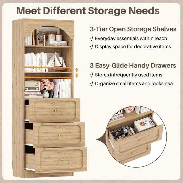 Alt view image 7 of 7 - 80" Tall Bookcase System with 3 Drawers, Arched Bookshelf with 4 Glass Doors, Wooden Pantry Storage Organizer Cabinets with 3-Tier Open Shelves for Living Room, Kitchen, Bathroom