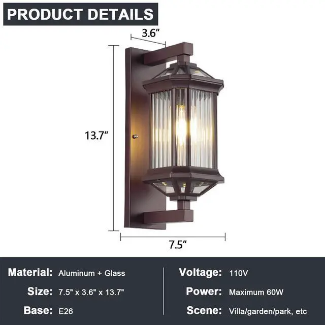 Alt view image 7 of 7 - Antique Outdoor Wall Lanterns 13.7 inch Aluminum Porch Light IP65 Waterproof Farmhouse Outdoor Wall Light with Striped Glass for Front Door Garage Patio