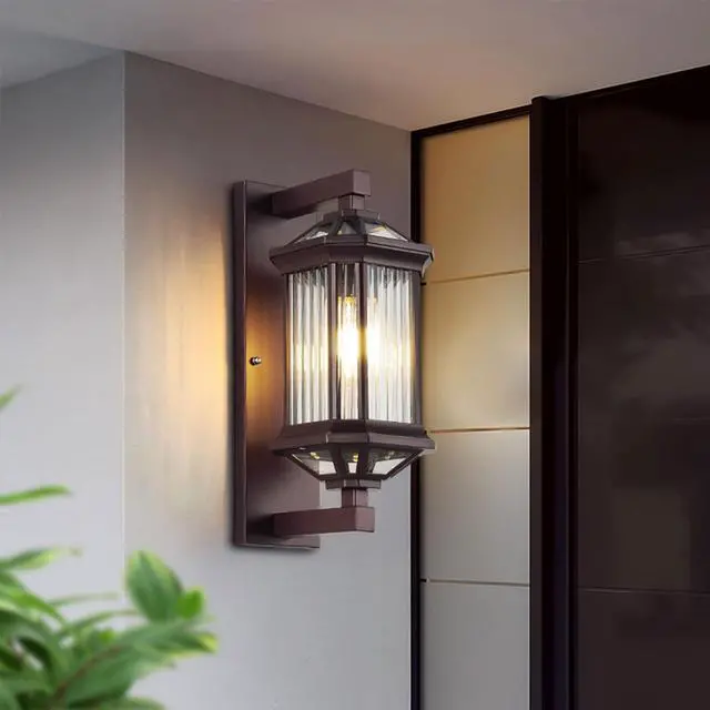 Alt view image 2 of 7 - Antique Outdoor Wall Lanterns 13.7 inch Aluminum Porch Light IP65 Waterproof Farmhouse Outdoor Wall Light with Striped Glass for Front Door Garage Patio