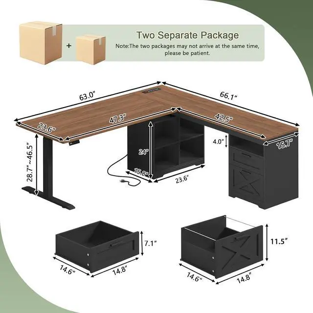 Alt view image 2 of 7 - Farmhouse L Shaped Standing Desk, 66 inch Corner Electric Standing Desk with Drawers Storage Shelves, Height Adjustable Computer Desk with Power Outlets for Home Office (Black and Brown)
