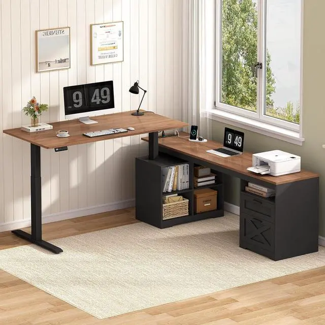 Alt view image 3 of 7 - Farmhouse L Shaped Standing Desk, 66 inch Corner Electric Standing Desk with Drawers Storage Shelves, Height Adjustable Computer Desk with Power Outlets for Home Office (Black and Brown)