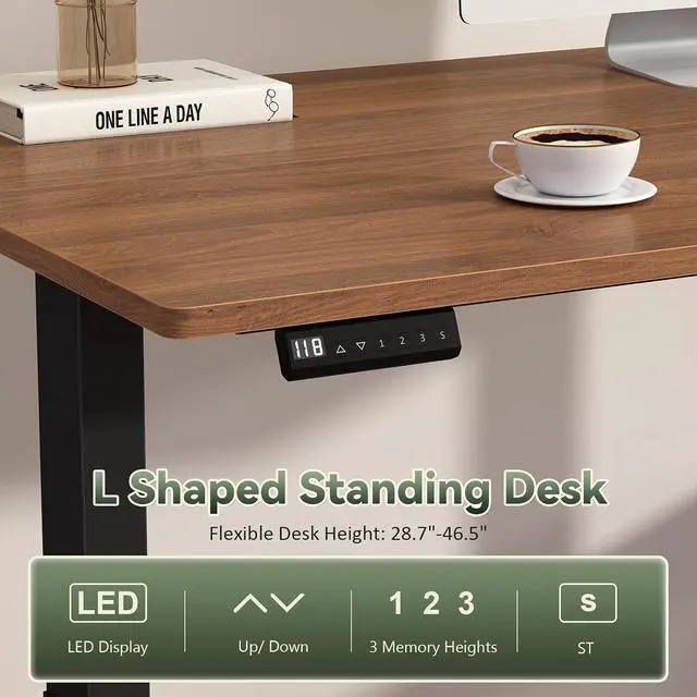Alt view image 4 of 7 - Farmhouse L Shaped Standing Desk, 66 inch Corner Electric Standing Desk with Drawers Storage Shelves, Height Adjustable Computer Desk with Power Outlets for Home Office (Black and Brown)