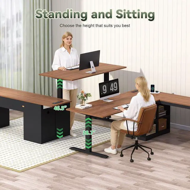 Alt view image 5 of 7 - Farmhouse L Shaped Standing Desk, 66 inch Corner Electric Standing Desk with Drawers Storage Shelves, Height Adjustable Computer Desk with Power Outlets for Home Office (Black and Brown)