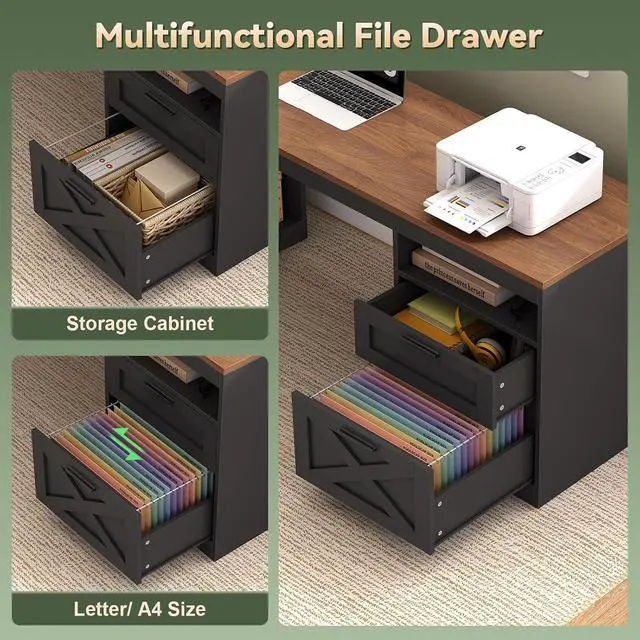 Alt view image 6 of 7 - Farmhouse L Shaped Standing Desk, 66 inch Corner Electric Standing Desk with Drawers Storage Shelves, Height Adjustable Computer Desk with Power Outlets for Home Office (Black and Brown)