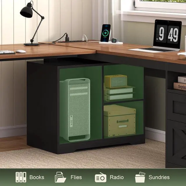 Alt view image 7 of 7 - Farmhouse L Shaped Standing Desk, 66 inch Corner Electric Standing Desk with Drawers Storage Shelves, Height Adjustable Computer Desk with Power Outlets for Home Office (Black and Brown)