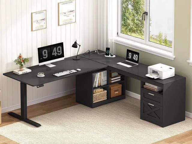 Main image of Farmhouse L Shaped Standing Desk, 66 inch Corner Electric Standing Desk with Drawers Storage Shelves, Height Adjustable Computer Desk with Power Outlets for Home Office (Black)